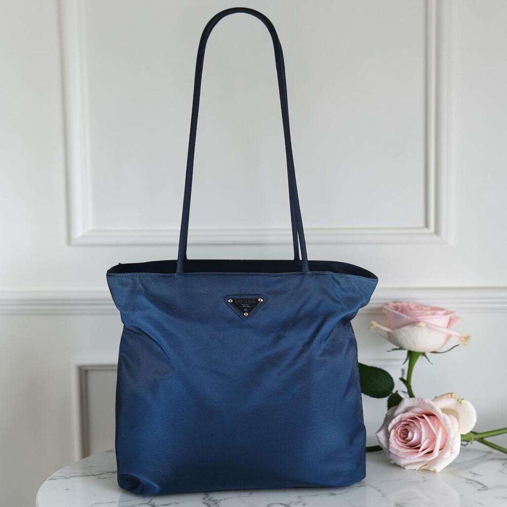 Prada Blue Tessuto Nylon Triangle Logo Tote Bag